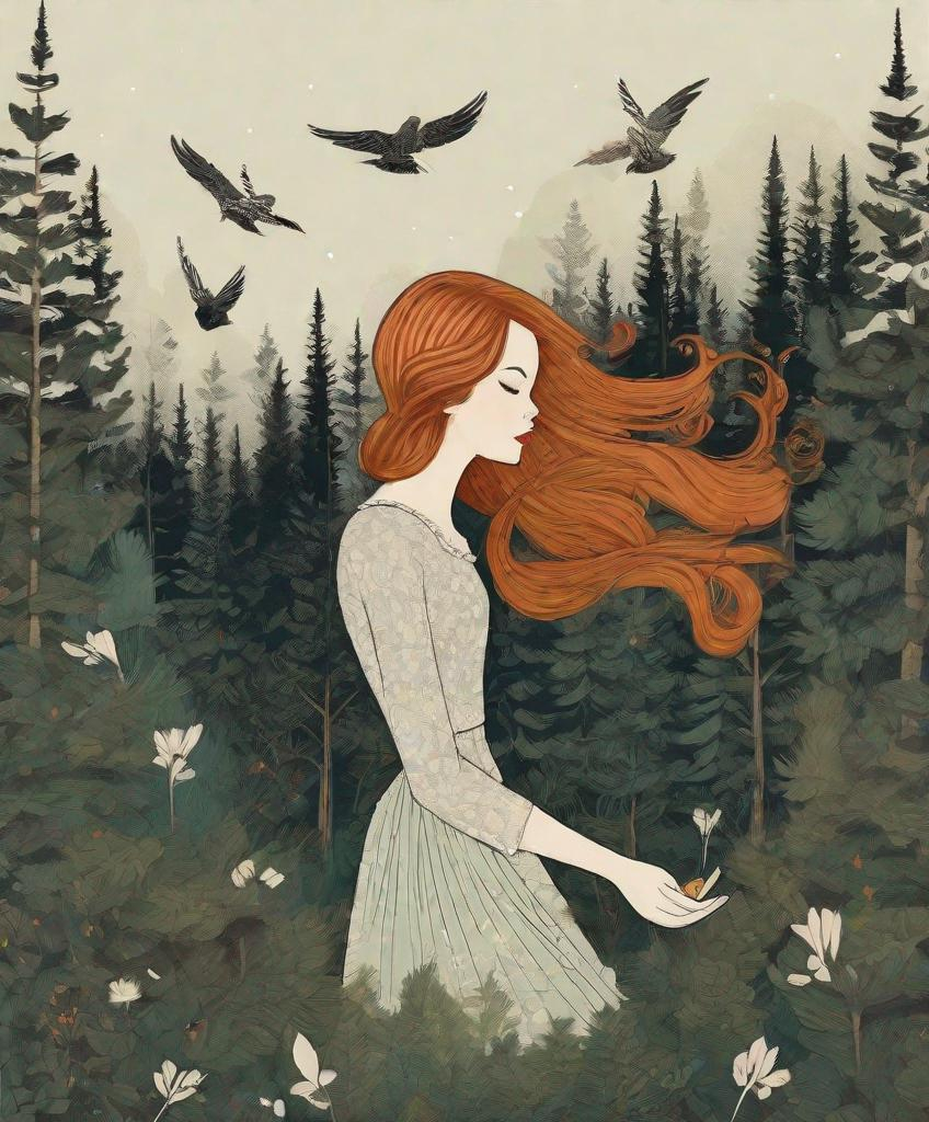 Prompt: The beautiful young lady with blowing hair illustration art by Amy Earles, Tristan Eaton. Whimsical forest background, Extremely detailed, intricate, beautiful. 
