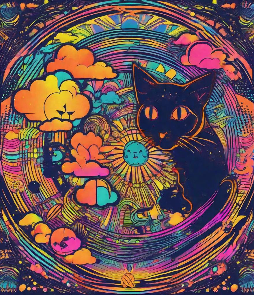 Prompt: 😍,🐈‍⬛, 🐎, 🐑, 🐱, 🍄, 🌷, 🌌, ferrotype psychedelic hallucinations