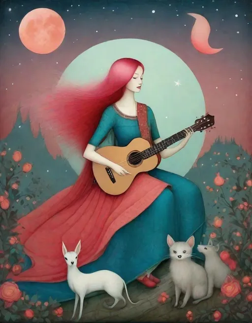Prompt: The wandering girl wizard, with wild ombre gradient pink blue hair , plays a whimsical tune on her guitar, wearing a red peach colored dress, surrounded by cute animals, full moon , STYLE: Chromolithography by Gabriel Pacheco, by Catrin Welz-Stein, by Kathleen Lolley, by Tara McPherson