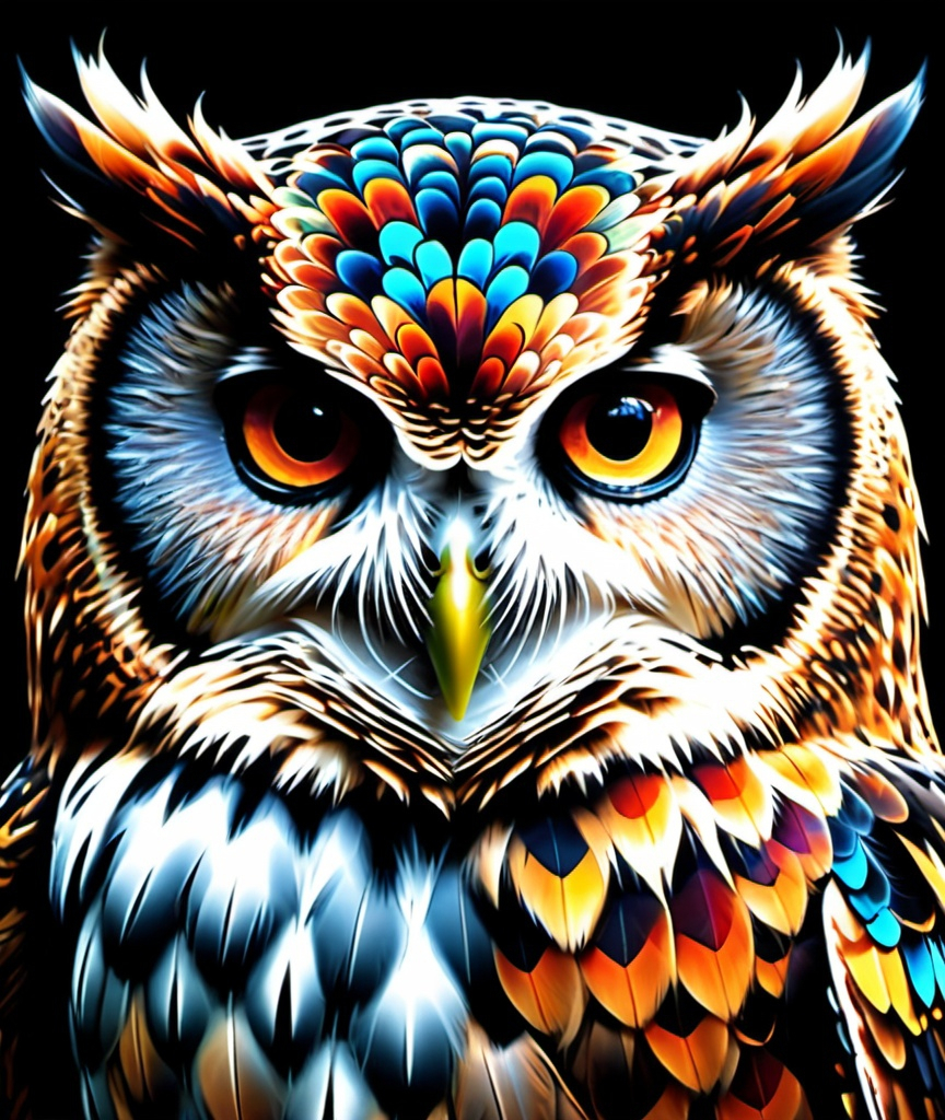 Prompt: up-close hyper realistic owl fractal zentangle colorful art. medieval grunge