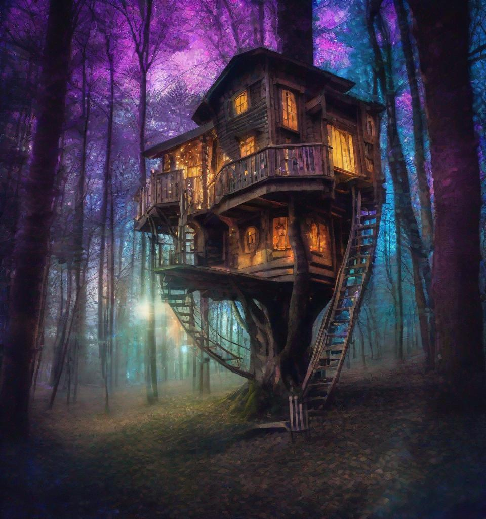 Prompt: photonegative refractograph of a cozy treehouse in the mystical woods where shadows are figures and figures make shadows of the spirit with prismatic sparklecore and cosmicpunk highlights in an ethereal lit night 