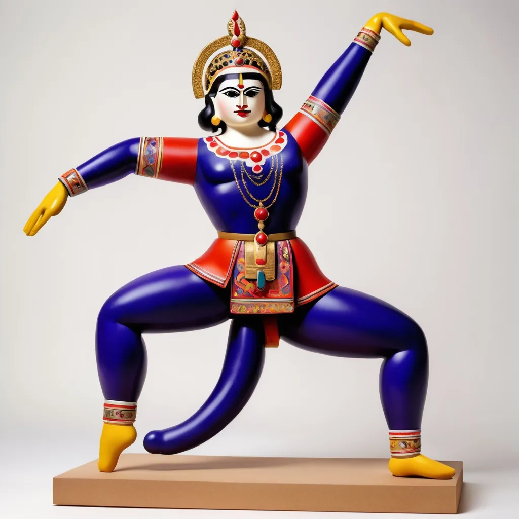 Prompt: bavarian::7 , dramatic::2 , minimalism::3 , close-up::3 , knolling::3 , borderless diorama::3 , In the "Dream Dancer" pose, the head tilts gently, one arm and leg reach skyward, while the opposite arm and leg curve earthward. caricature of yakshagana drawing by roy lichtenstein blurple bipoc Highly detailed costume 