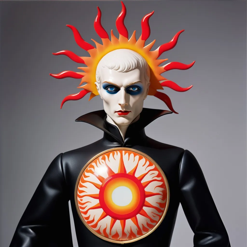 Prompt: flaming heliocentric sun god vampire in fornasetti style, by laurie simmons, minimal male figures 