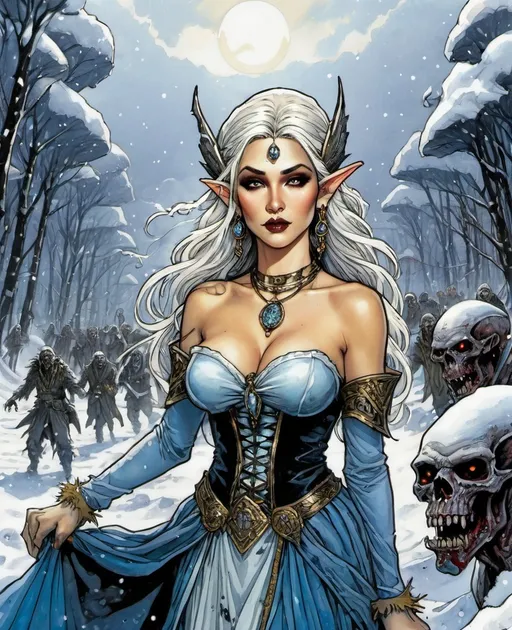 Prompt: a divine godess elf necromancer from the void, jewelry, earrings, evil, with a horde of zombies in tundra, haze, snow storm, comic style by milo manara 