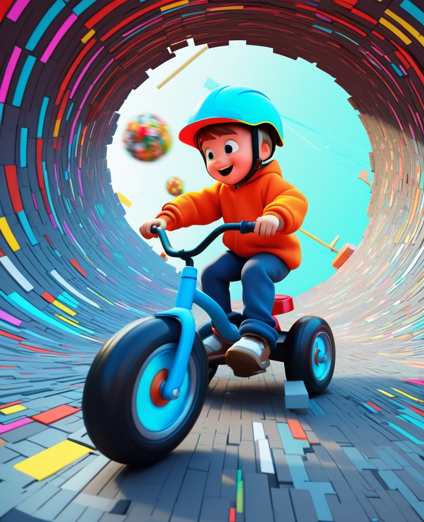 Prompt: cartoon kid riding a tricycle through a constructivist glitch art warp hole 