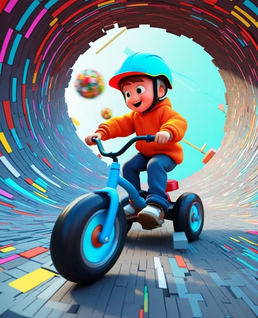 Prompt: cartoon kid riding a tricycle through a constructivist glitch art warp hole 