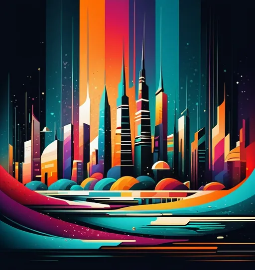 Prompt: abstract cityscape, in the style of colorful solution, ancient futurism 