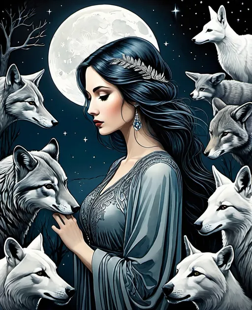 Prompt: She is a mysterious Lady of the moonlight night surrounded by animals style of Daarken, Jessica Durrant, Sophie Delaporte, Charles Maurice Detmold, Robert Gillmor, Amy Giacomelli. 3/4 body portrait, Cold Chrome colors tone, Extremely detailed, intricate, beautiful, 3d, high definition