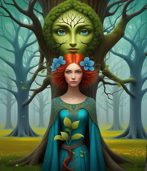 Prompt: anthropomorphic tall green tree with blue flowers, good tree with friendly old face, carrying the lonely pretty brave girl, wild red hair, grey eyes in it branches concept art by igor morski , Millie Marotta, Jackie Morris, Javier Mariscal, Kelly McKernan, whimsical forest, magical night, surreal dreamlike portrait, fantasy, imaginative, beautiful, colorful, extremely detailed, intricate, lovely, award winning fantastic