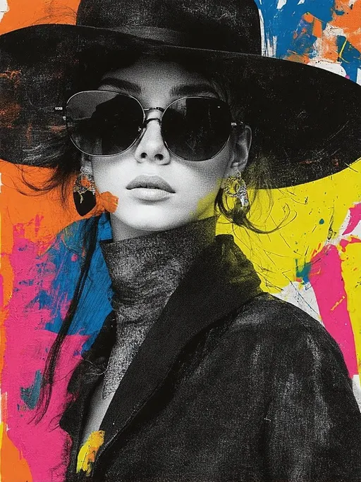 Prompt: bold brushstrokes, sketch lines, neon glamour, style by gosho aoyama and henri matisse, stylish woman with large sunglasses and a wide-brimmed hat, set against a vibrant, abstract background filled with bright splashes of neon orange, yellow, and blue. The image has a graphic, edgy feel, with bold, rough black lines outlining the woman's features and clothes, creating a contrast with the colorful patterns behind her. Her earrings dangle prominently, and she exudes a cool, confident air. The style is reminiscent of a modern digital collage or street art with a pop art influence. 