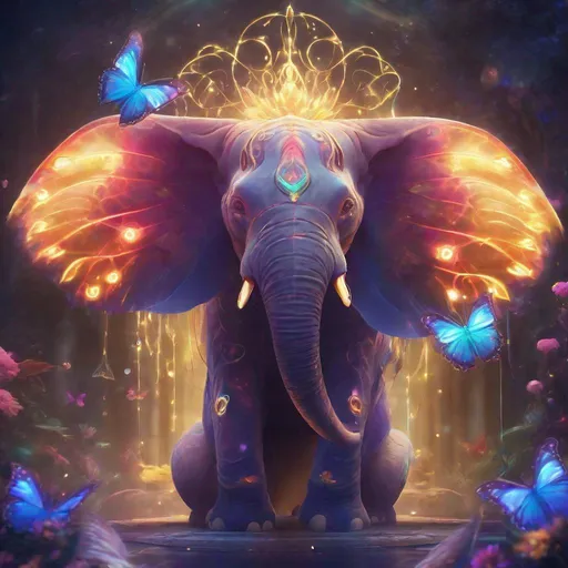 Prompt: a magical creature with a luxurious lion's mane and a daemon's whimsical protruding light antennae and one set of butterfly wings that are shimmering iridescent swirls of color and one set of butterfly wings that are glowing and one set ears of an elephant is helping people who are stuck to VR sets by emitting light and energy