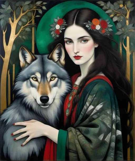 Prompt: Style by Klimt, John La Farge, John Piper: mystical portrait of a woman with pale skin and dark hair embracing a large, realistic grey wolf. The background is an abstract forest of rich, deep greens and reds, possibly suggesting a forest or floral scene. The woman's attire and the wolf are adorned with ornate, gold, black-tinged Miro patterns.The overall composition combines elements of nature with intricate designs, invoking a sense of magical realism.