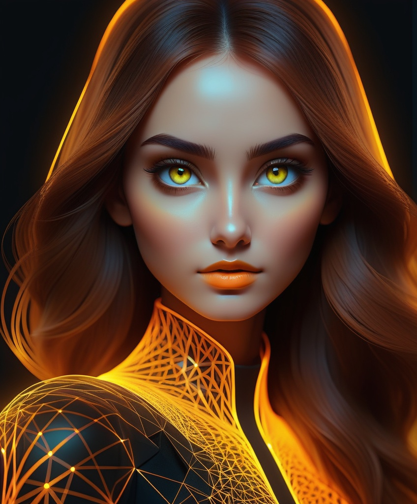 Prompt: soul of wireframe hologram, The person's eyes are a captivating feature, glowing smoothly with a luminous yellow-orange hue, creating a stark contrast against the dark surroundings vector::5 captivating Vector Art Design::4 designed in illustrator, curvilinear vector polygons, intricate detailing, 16 themed-colors, award-winning 2d design, flat design, ultra-detailed, visionary strokes, 8k premium export