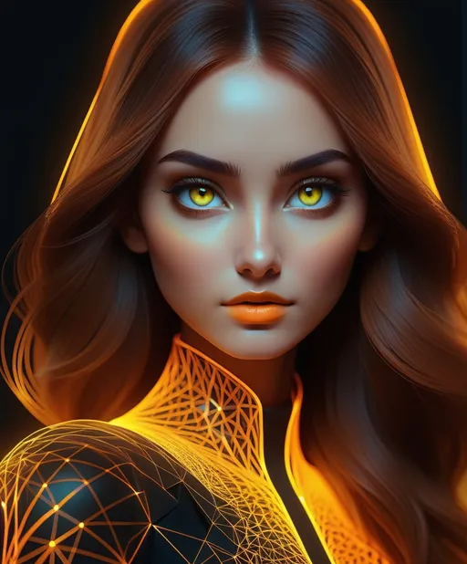 Prompt: soul of wireframe hologram, The person's eyes are a captivating feature, glowing smoothly with a luminous yellow-orange hue, creating a stark contrast against the dark surroundings vector::5 captivating Vector Art Design::4 designed in illustrator, curvilinear vector polygons, intricate detailing, 16 themed-colors, award-winning 2d design, flat design, ultra-detailed, visionary strokes, 8k premium export