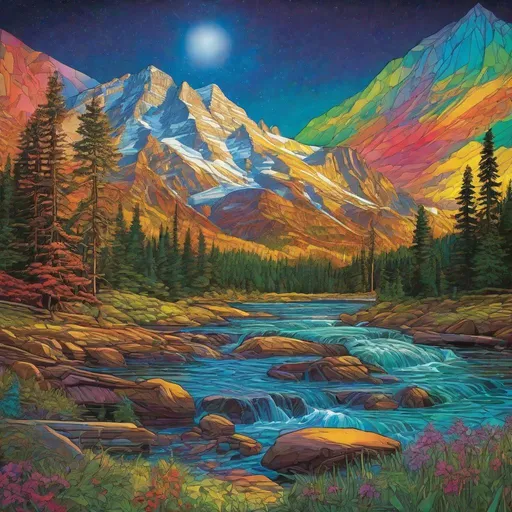 Prompt: Immerse yourself in the world of laser etched creativity with a reinterpretation of Glacier National Park, bursting with vivid colors and intricate details. Complement this artistry with a prism photography technique, highlighting the interplay of light and colors.