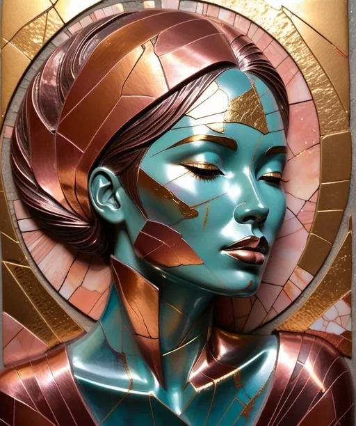 Prompt: a highly detailed abstract woman in rose patina metal with beautiful Pearlescent colors, elements of kintsugi, the background is opalescent stone textured and there's a small  glow on top of it, there are some peeling texture in metal that have been filled with acrylic paint, the bottom half has golden streaks of light shining through from behind