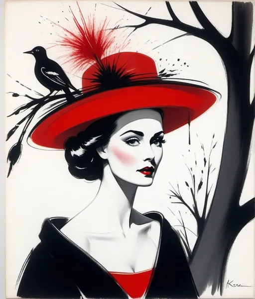 Prompt:  Kees van Dongen, Iren Horrors, style Charcoal lines sketch: A surrealist textured portrait of a woman with an oversized, vivid red halo-like hat that merges into a barren tree silhouette with birds perched against a white background with splashes of red paint. The woman has a porcelain complexion, a neutral expression, and wears a black garment with a high neckline, which contrasts starkly with the red and white palette of the artwork.