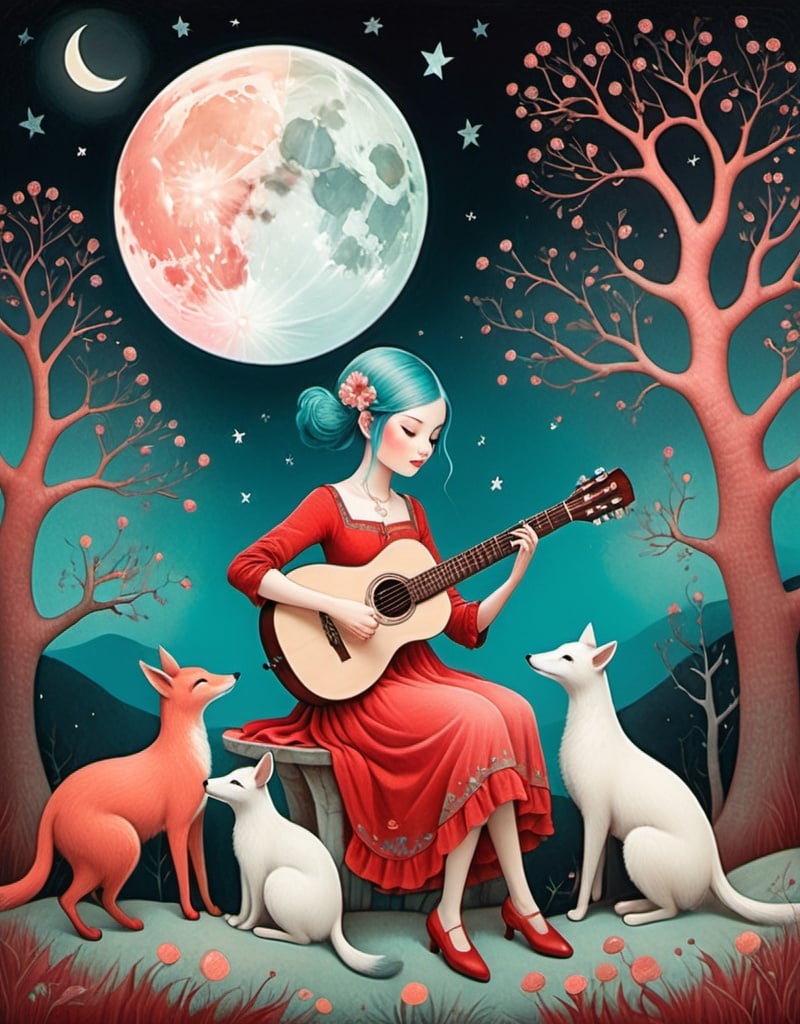 Prompt: The wandering girl wizard, with wild ombre gradient pink blue hair , plays a whimsical tune on her guitar, wearing a red peach colored dress, surrounded by cute animals, full moon , STYLE: Chromolithography by Gabriel Pacheco, by Catrin Welz-Stein, by Kathleen Lolley, by Tara McPherson