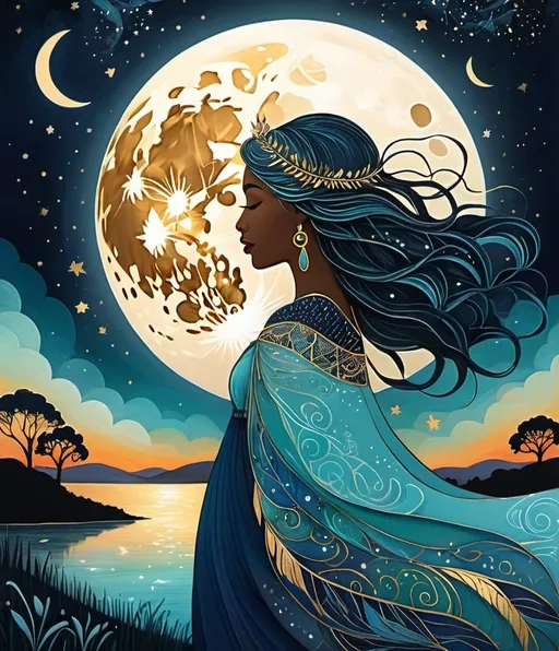 Prompt: Illustration of A beautiful entity of the moon rising while the sun goes down, in the style of sophie wilkins, light teal and light navy, multicolored abstract bucolic landscapes, golden age illustrations, gentle lyricism, romantic illustrations, laurel burch 