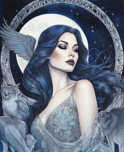 Prompt: She is a mysterious Lady of the moonlight night surrounded by animals style of Kathy Fornal, Jenny Frison, Daarken, Jessica Durrant, Sophie Delaporte. 3/4 body portrait, Cold Chrome colors tone, Extremely detailed, intricate, beautiful, 3d, high definition