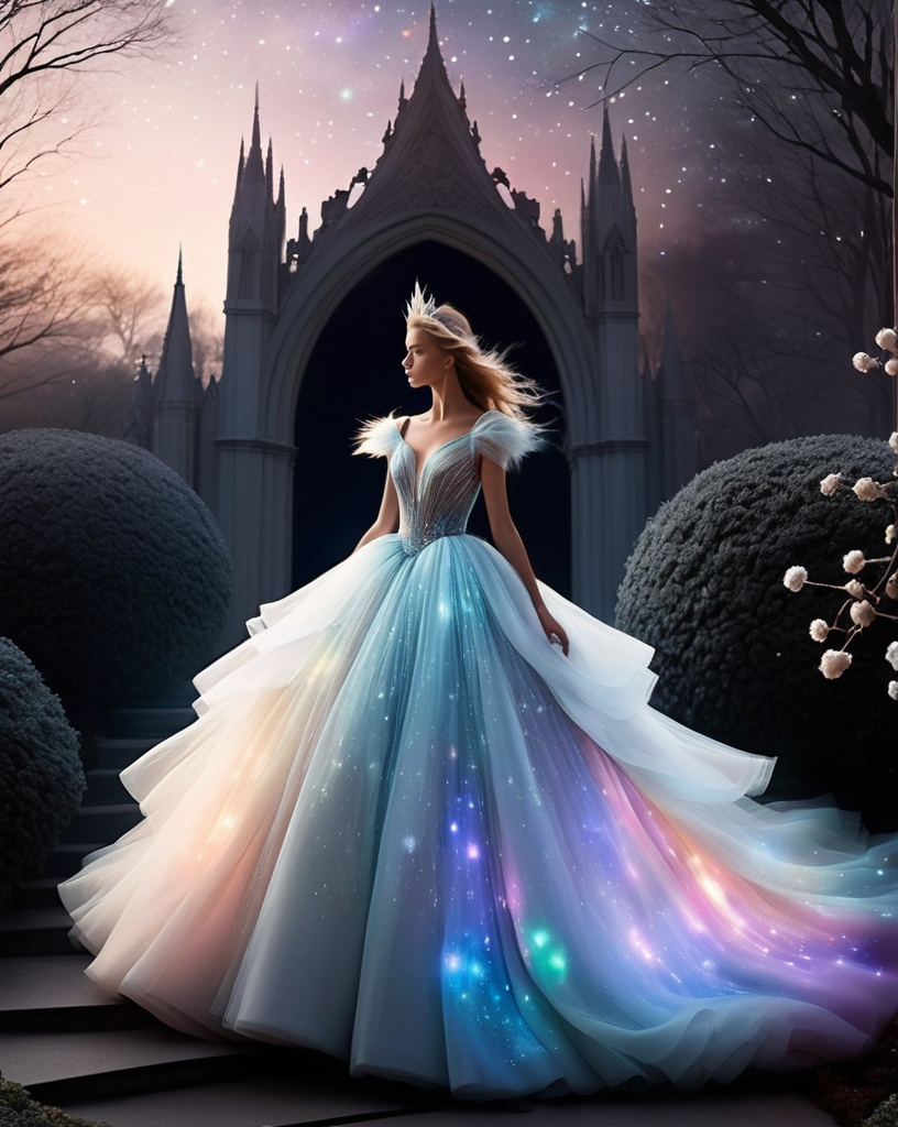 Prompt: ball gown, inspired by will-o'-the-wisp, in a ethereal ghostly princess,  cosmic rays, nebulas, Met Gala