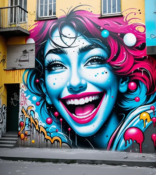Prompt: graffiti, street art, painted graffiti on walls on the theme of despair and happiness