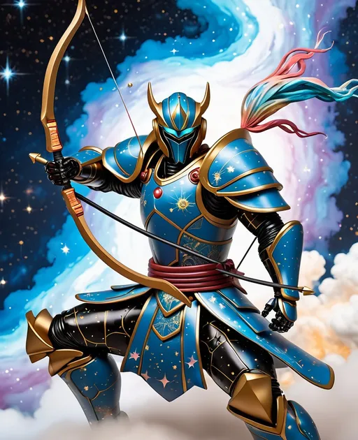 Prompt: Glazed Kintsugi Stoneware Robot Cyborg Samurai Warrior shooting a bow-and-arrow, Dynamic Pose, windblown, celestial nebula stars painted patterns 