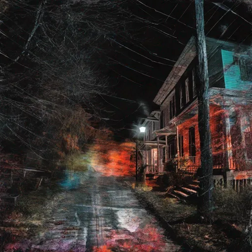 Prompt: nope:: trick or treating on a haunted street, experimental film techniques, dynamic layered multi-segmented composition, multiple exposures, scraped, scratched, pulled, stretched, torn sprockets, change-over marks 