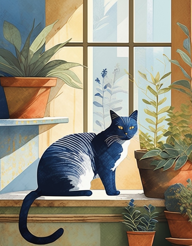 Prompt: whimsical illustration of a cat with indigo stripes, lounging in a sunlit window, surrounded by potted plants, art by Sam Toft, Jamie Heiden, Michael Creese. 3d, extremely detailed 