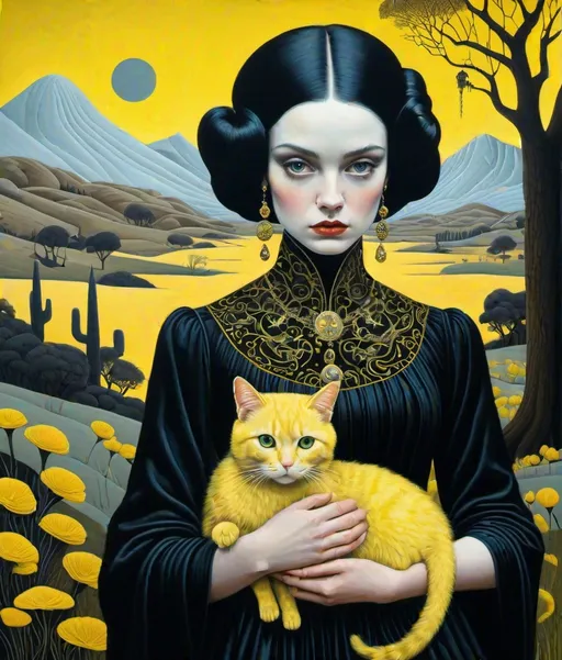 Prompt: Ghostly Ghastly eccentric young lady, wearing a strange ornate black dress, holding a creepy cute yellow cat, Vladimir Tretchikoff, Ruben Ireland, Paolo Uccello, a surreal dreamy landscape background by Sam Chivers, piercing odd colored eyes