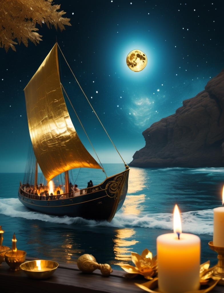 Prompt: occult ceremony, Jupiter's atmosphere ocean, gold leaf schooner, no vignette, depth of field