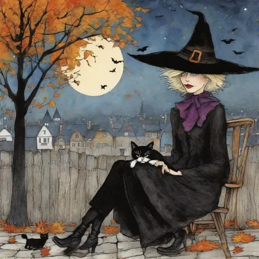 Prompt: A very pretty lovely witch and her black cat art by Sam Toft, Deborah Azzopardi, Marc Allante, Axel Scheffler, Charles Robinson, pol Ledent, endre penovac, Gustave Loiseau. inlay, watercolors and ink, beautiful, fantastic view, extremely detailed, intricate, best quality, highest definition, rich colours. intricate beautiful, award winning fantastic view ultra detailed, 3D high definition