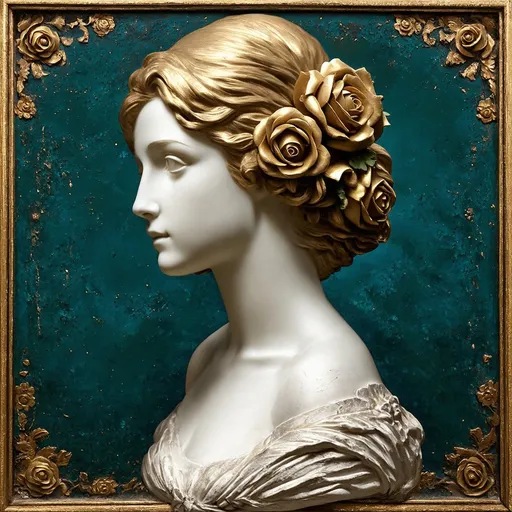 Prompt: Style by lisa aisato, Saner, Texture weathered surface, side view of a classical female figure with detailed golden curls and roses entwined in her hair, against a textured patina teal background with golden floral embossed patterns. Her expression is serene and contemplative, with porcelain-like skin showing delicate crackle texture, reminiscent of a Renaissance painting.