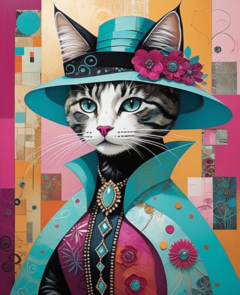 Prompt: kail a vivacious dream abstract print by adam bebeautauber, in the style of elaborate costumes, cats and people, textural mixed media collages, sam toft, light aquamarine and magenta, debbie fleming caffery, irene sheri 