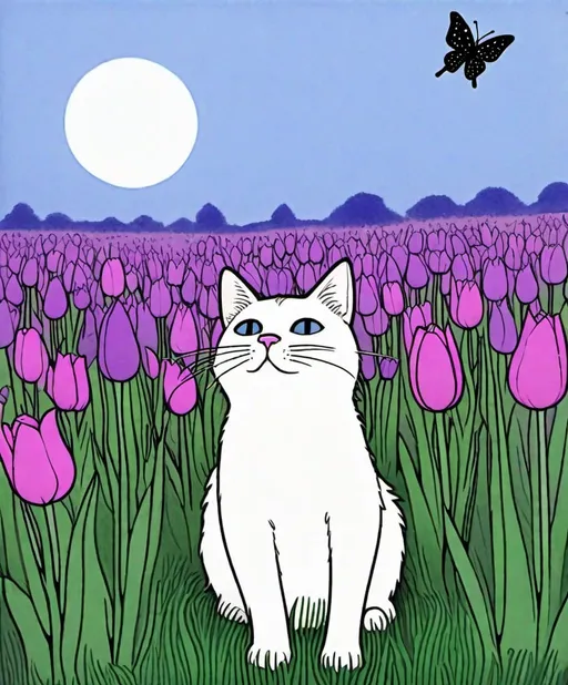 Prompt: Art by Don Hertzfeldt, a cat looking up with a butterfly perched in its nose, in a field of periwinkle tulips