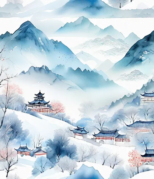 Prompt: surreal, portrayal of beautiful mountain village in a traditional, magical, frost. Dreamy mood, delicate watercolor, Trees with veins, forming frost, chinese style
