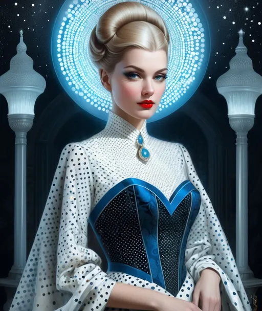 Prompt: The beautiful lady, She is dressed in conspiracy dots style by Anna and Elena Balbusso, Tom Bagshaw, Del Kathryn Barton. 3d, Blueprint, best quality, ultra detailed, beautiful, elegant, intricate.