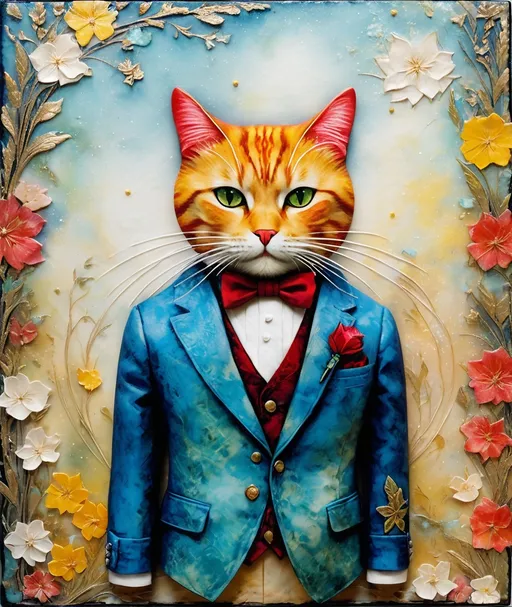 Prompt: sartorial cat, raw, magical realism, decoupage, encaustic Paint 