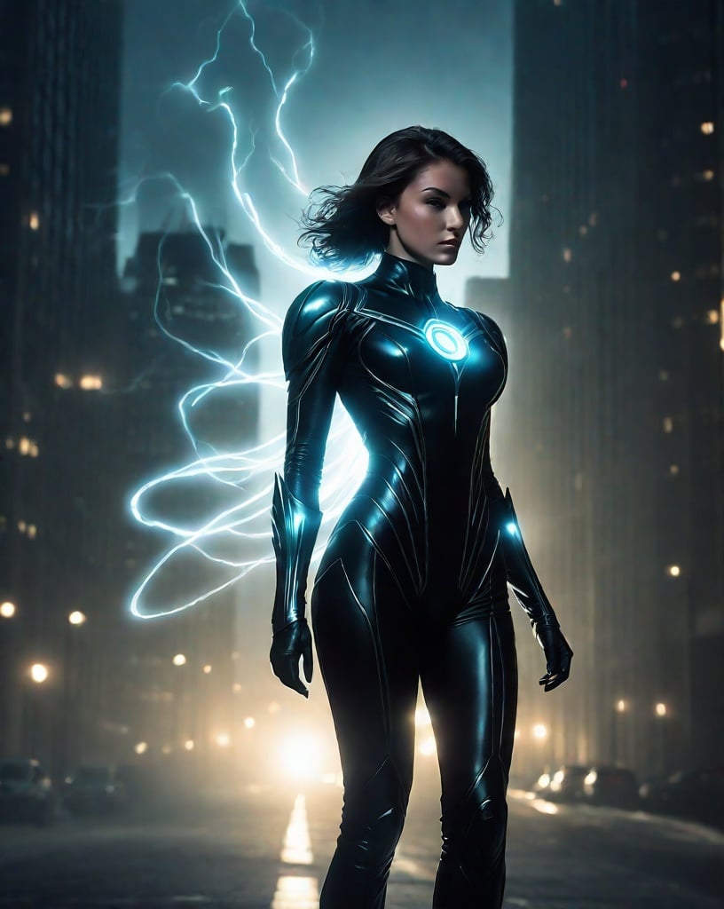 Prompt: will-o'-the-wisp, young female superhero, inspired by frank miller, dark city, atmospheric lighting, action pose 