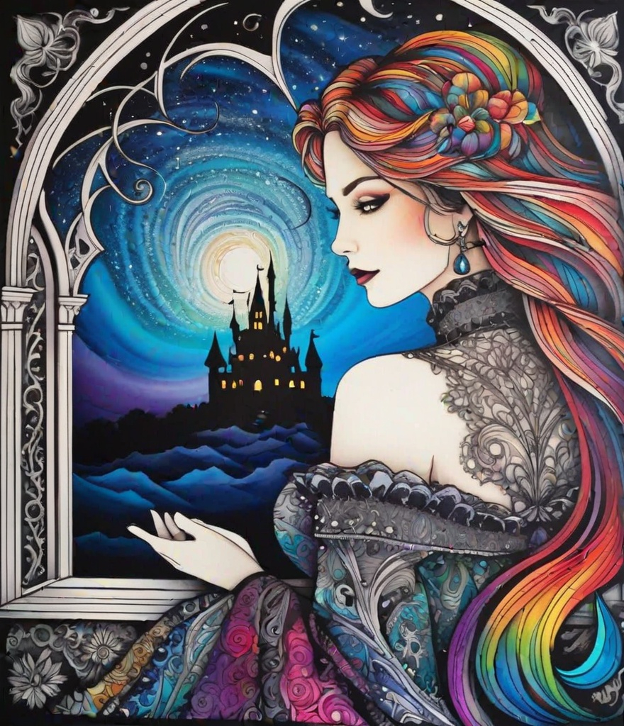 Prompt: a zentangle ferrotype portrait of In a gothic galaxy castle a vampire gazes through a window at the ethereal magic layers swirling in the vivid rainbow solar night in the style of Melanie Delon,  Victoria Francés, Rebeca Saray, Lin Fengmian, Anna dittmann, Justin Gaffrey, Michael Creese