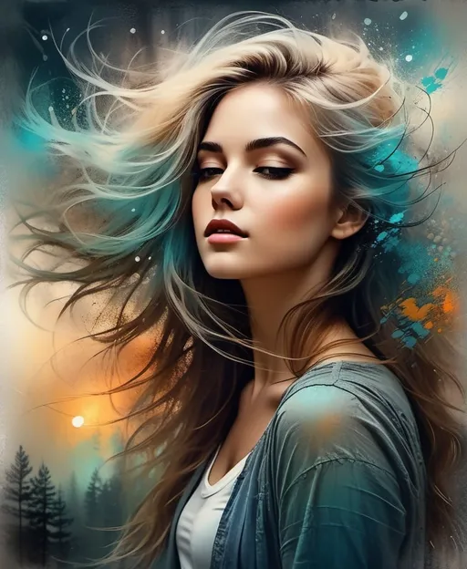 Prompt: The beautiful darling young lady with blowing hair art by Omar Galliani, Yossi Kotler, Molly Harrison. Gritty patina texture, gradient luminous inking colors, Dreamy atmosphere, twilight sky, Whimsical forest background, Extremely detailed, intricate, beautiful. 
