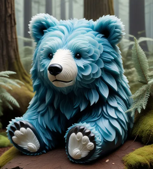 Prompt: Envision a chalcedony bear with an expressive texture, lying on the ground and looking up with pitiful eyes. Its fur is tousled by the wind against a dark forest background. The bear's appearance is reminiscent of soft sculptures, and the overall style evokes the charm of children's book illustrations.