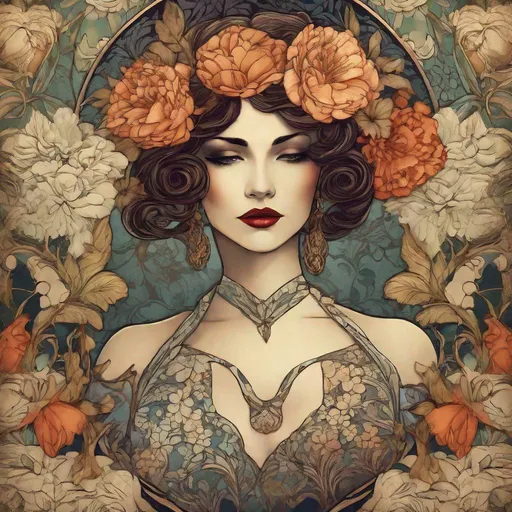 Prompt: floral decoupage, femme fatale in floral decoupage sad atmosphere, Art Nouveau style, intricate details and textures
