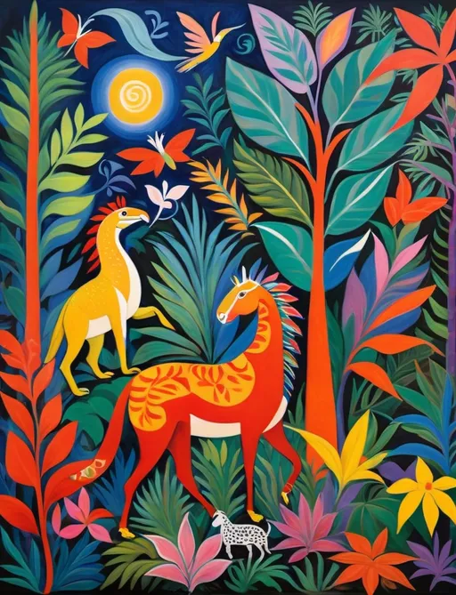 Prompt: Hulda Guzman, Henri Matisse, Pablo Picasso oil painting kf fantastical colorful creatures in a magical jungle, unfolding, intricate, highly detailed