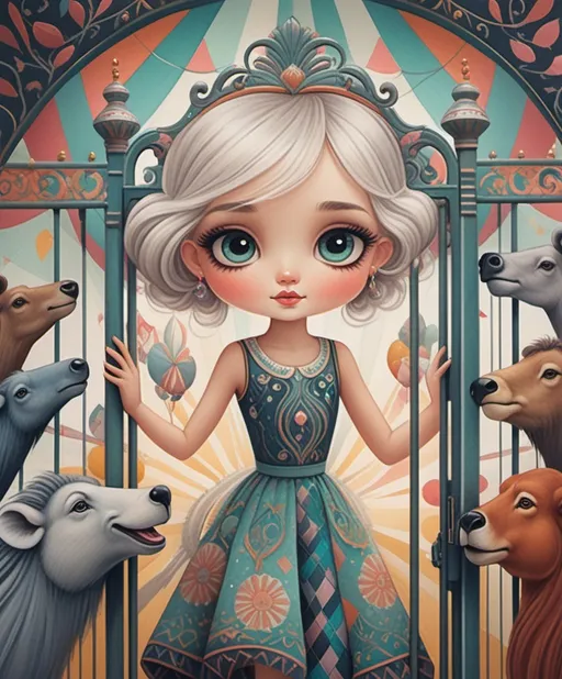 Prompt: The beautiful young lady with blowing hair climbing gate to the circus with giant animals Illustration art by Garance Dore, Judith Desrosiers, Anna Dittmann, Hsiao Ron Cheng, Helene Beland, Jody Bergsma. folk art-inspired illustrations, bold patterned quilts, pastel colours, bloomcore, mixes painting and ceramics, precise, detailed architecture paintings, cute and dreamy. Extremely detailed, intricate, beautiful. 
