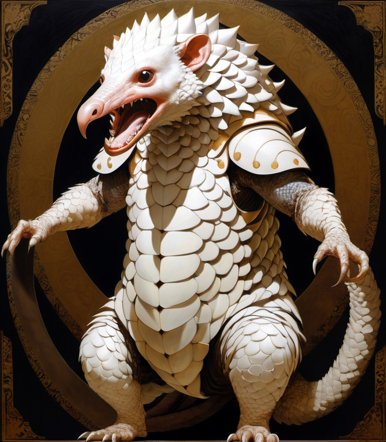 Prompt: bleach pangolin transform , full bodyb, ready for battle , with fangs out and claws shaps , creative painting by James C. Christensen, Taro Okamoto, Gustav Klimt, Donato Giancola 