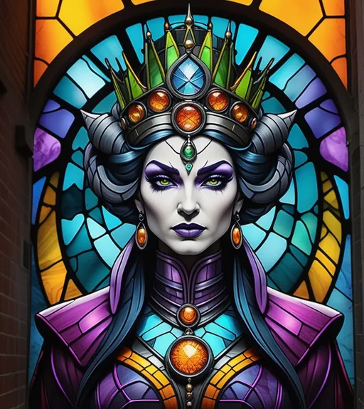 Prompt: graffiti poster with harmonic colors and organic shapes of a evil biopunk empress in tease pose, trompe l’oeil, stained glass, vortexcore, bokeh, deep perspective, depth, metamorphic, enigmatic