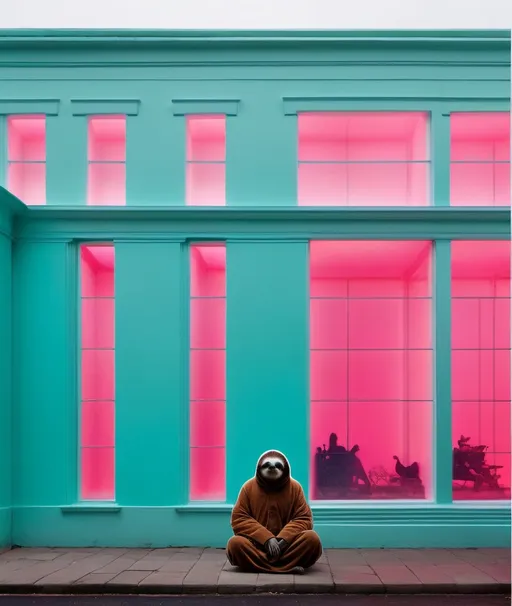 Prompt: sloth wizardry outside a neon Georgian Architecture, by akos major, minimal figures 