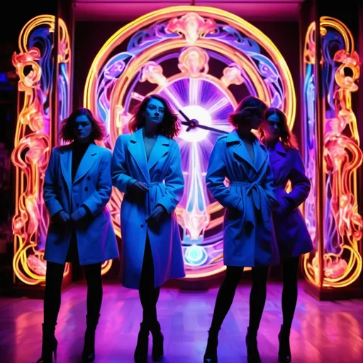 Prompt: time-lapse motion blurple personas in neon lights, hd, in the style of art nouveau-inspired illustrations, intense color saturation, fashion posing, dynamic angle, distortion perspective 