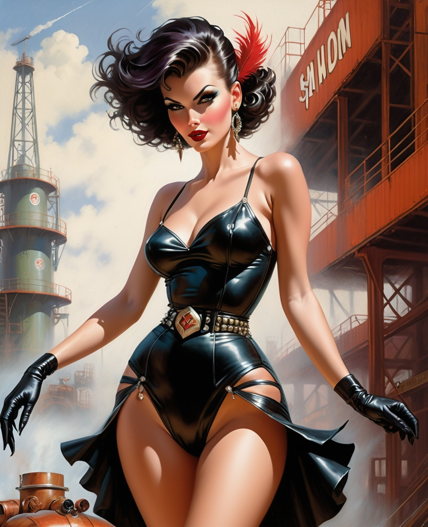 Prompt: Beautiful woman. Glitz. Detailed hyperrealistic pulp illustration. Confidence. Swagger. Disheveled. Punk. Dancing. Energy. Movement. Eyeliner. Mascara. Lipstick. Art by Gil Elvgren and Frank Frazetta. Industrial setting. Gantry.